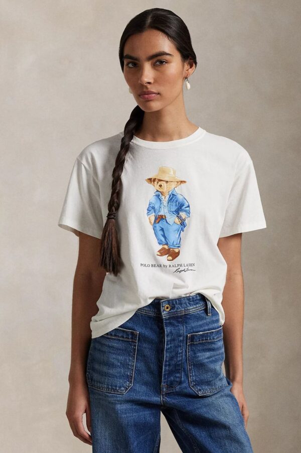 Polo Ralph Lauren White Cotton T-Shirt – Short Sleeve with Polo Bear & Straw Hat - Image 4