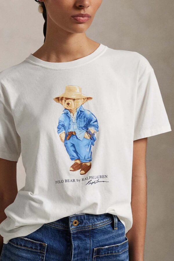 Polo Ralph Lauren White Cotton T-Shirt – Short Sleeve with Polo Bear & Straw Hat